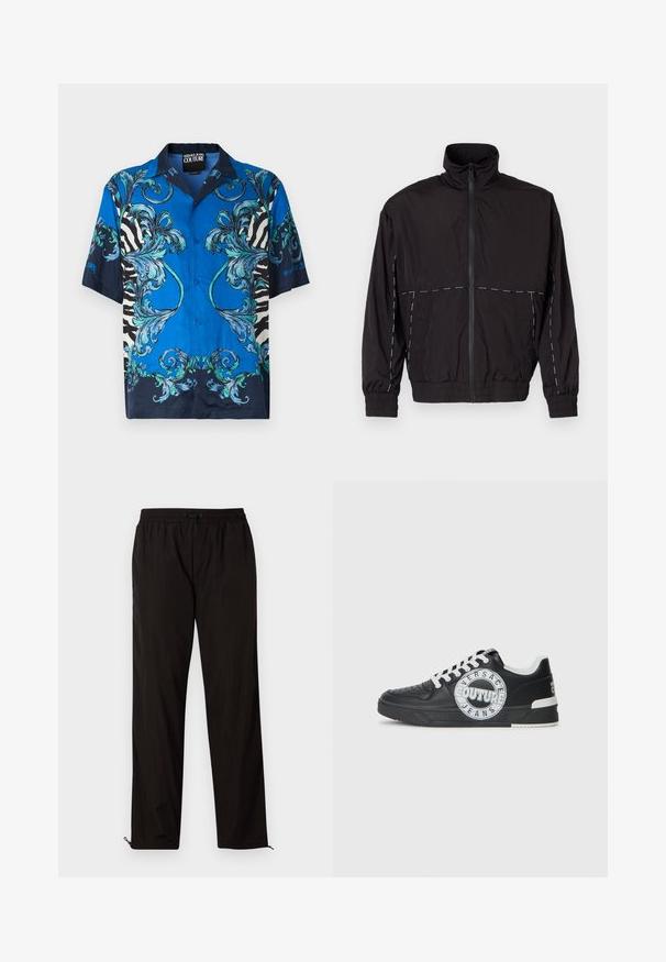 Juodas lengvas švarkas su aukštu apykakle ir užtrauktuku. Savybėje yra balti siuvinėjimo akcentai ant pečių ir rankovių. Elastingi rankogaliai.; Trumpas rankoves mygtukais užsegamas marškinis, puošiamas mėlyna gėlių ornamentika ir juodai baltomis juostelėmis. Pagamintas iš lygaus audinio, turi laisvą kirpimą.; Juodos lengvos kelnės su elastingu juosmeniu, raišteliu ir užtrauktukais apačioje, kad būtų galima pritaikyti dydį. Lygus, glotnus paviršius.; Juodo odinio sportinio avalynė su baltais akcentais, apvaliu logotipo detalizavimu, perforuota priekiu ir kontrastingu padu. Savybės: balti raišteliai ir prekės ženklas.