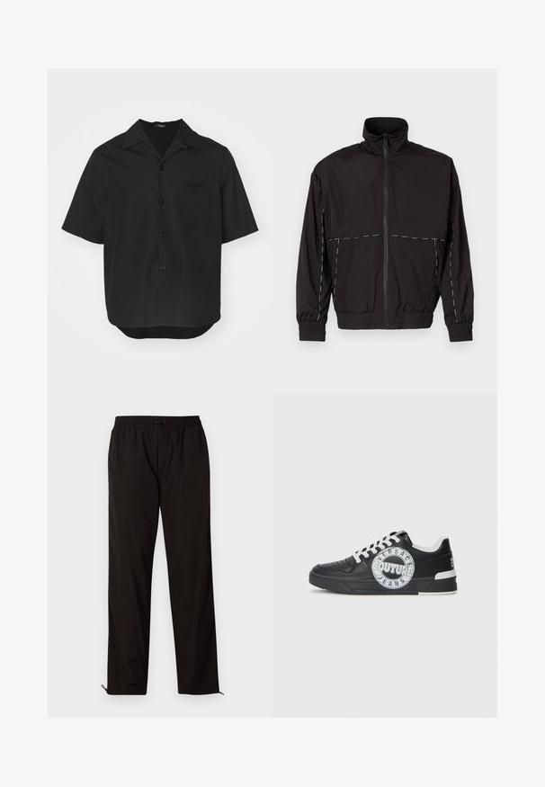 Giacca nera leggera con colletto alto e chiusura a zip. Presenta dettagli in cucitura bianca sulle spalle e sulle maniche. Polsi elasticizzati.; Camicia nera a maniche corte realizzata in tessuto liscio, con colletto a punta, bottoni frontali e taschino sul petto con dettagli del logo impresso.; Pantaloni leggeri neri con vita elastica, chiusura con cordino e orli con zip per una vestibilità regolabile. Texture liscia e elegante.; Sneaker nere in pelle con accenti bianchi, dettagli del logo rotondo, punta perforata e suola a contrasto. Presentano lacci bianchi e branding.