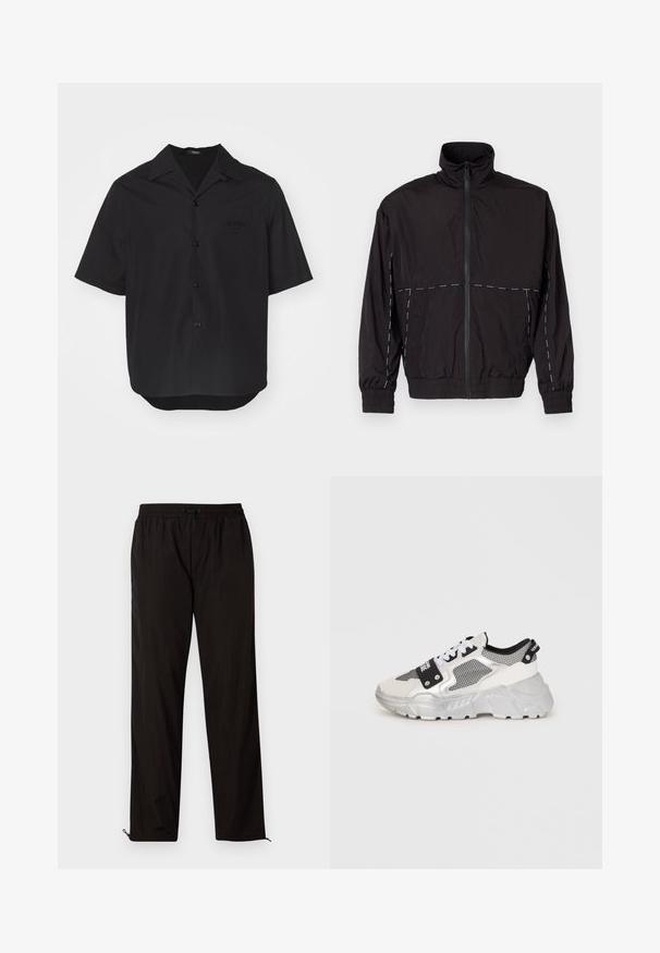 Zwarte lichtgewicht jas met hoge kraag en ritssluiting. Heeft witte stiksels op de schouders en mouwen. Elastische manchetten.; Zwart T-shirt met korte mouwen, gemaakt van een gladde stof, met een puntige kraag, knopen aan de voorkant en een borstzak met een reliëflogo-detail.; Zwarte lichtgewicht broeken met een elastische tailleband, treksluiting en met rits afsluitbare zoom voor een aanpasbare pasvorm. Glad, strak textuur.; Chunky sneakers met een wit en zilver ontwerp. Heeft meshpanelen, zwarte accenten en witte veters. Getextureerde zool met een verhoogd patroon.