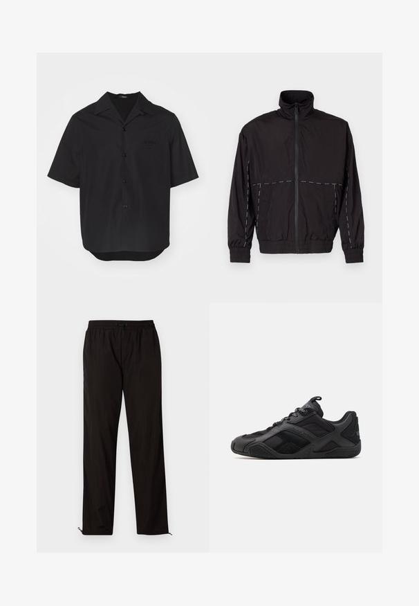 Fekete, könnyű dzseki magas gallérral és cipzáras záróval. Fehér varrási díszítésekkel a vállakon és az ujjakon. Rugalmas mandzsetták.; Fekete, rövid ujjú ing sima anyagból, hegyes gallérral, elöl gombokkal és hímzett logós zsebbel.; Fekete, könnyű nadrág, elasztikus derékkal, húzózsinórral és cipzáros szegélyekkel, amelyek lehetővé teszik az állítható illeszkedést. Simaság és elegáns textúra.; Fekete sportcipők sima és texturált anyagok keverékéből, jellegzetes kialakítással, formázott talppal és hangsúlyos logó részletekkel.