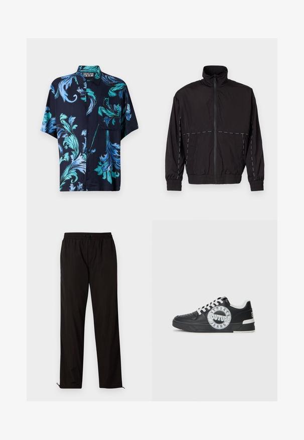 Must musta kerge jakk kõrge kaelusega ja tõmblukuga. Omab valgeid õmblusaktsente õlgadel ja varrukatel. Elastsed mansetid.; Versace Jeans Couture BAROC OUTLINE MACRO - Pluus - blu; Mustad mustriga püksid elastse vöökoha, nööridega sulgemise ja reguleeritavate sääreotstega, millel on lukud. Sile ja läikiv tekstuur.; Mustad nahast spordijalatsid valgete aktsentidega, ümmargune logode Detail, perforatsiooniga varbaosa ja kontrastne tallaosa. Omab valgeid paelu ja brändimist.