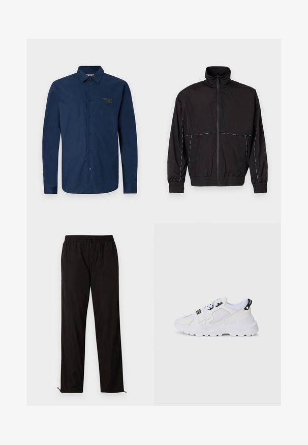 Giacca nera leggera con colletto alto e chiusura a zip. Presenta dettagli in cucitura bianca sulle spalle e sulle maniche. Polsi elasticizzati.; Versace Jeans Couture BASIC SOFT - Camicia - blu; T-shirt in cotone nero con maniche corte, caratterizzato da un grande testo bianco "VERSACE JEANS COUTURE" sulla parte anteriore. Design classico con scollo rotondo.; Pantaloni leggeri neri con vita elastica, chiusura con cordino e orli con zip per una vestibilità regolabile. Texture liscia e elegante.; Sneakers atletiche bianche con tomaia in mesh, suola spessa e dettagli neri con marchio stampato. Design strutturato e testurizzato.