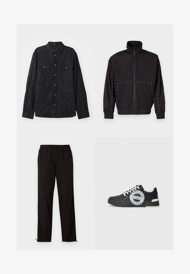 Must musta kerge jakk kõrge kaelusega ja tõmblukuga. Omab valgeid õmblusaktsente õlgadel ja varrukatel. Elastsed mansetid.; Pikend varrukatega must särk, millel on tekstuuriga muster, kaks rinna taskut ja pruunid nupud nööpide ees. Kraega disain.; Mustad mustriga püksid elastse vöökoha, nööridega sulgemise ja reguleeritavate sääreotstega, millel on lukud. Sile ja läikiv tekstuur.; Mustad nahast spordijalatsid valgete aktsentidega, ümmargune logode Detail, perforatsiooniga varbaosa ja kontrastne tallaosa. Omab valgeid paelu ja brändimist.