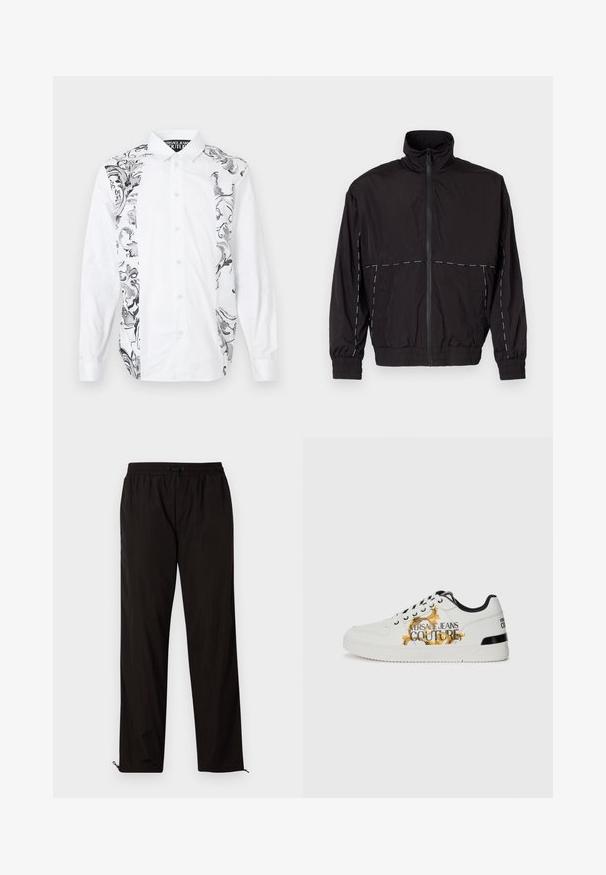 Črna lahka jakna z visokim ovratnikom in zadrgo. Ima bele šive na ramenih in rokavih. Elastični manšeti.; Bela srajca s gumbi, ki na eni strani vsebuje zapletene črno-sive cvetlične vzorce, izdelana iz gladkega materiala z dolgimi rokavi.; Črne lahke hlače z elastičnim pasom, zapiranjem na vrvico in zadrgo na robovih za prilagodljivost. Gladka, sijoča tekstura.; Beli usnjeni copati z črnimi detajli. Imajo zlate cvetlične vzorce in napis "VERSACE JEANS COUTURE" na strani in peti.