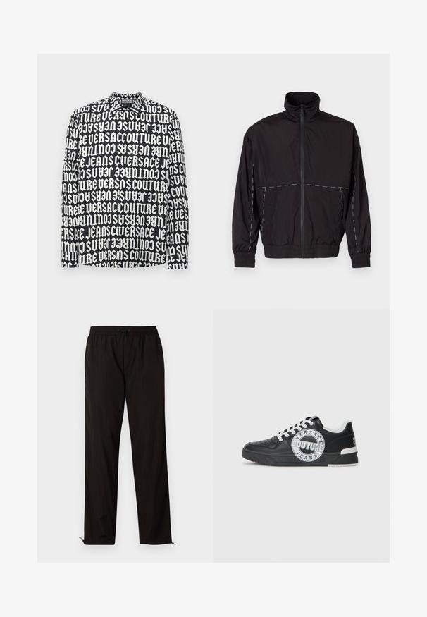 Juodas lengvas švarkas su aukštu apykakle ir užtrauktuku. Savybėje yra balti siuvinėjimo akcentai ant pečių ir rankovių. Elastingi rankogaliai.; Juodas marškinėliai ilgomis rankovėmis su kontrastinga balta teksto raštą. Savybės įprasta apykaklė ir sagčių juostelė; medžiaga atrodo lygi ir lengva.; Juodos lengvos kelnės su elastingu juosmeniu, raišteliu ir užtrauktukais apačioje, kad būtų galima pritaikyti dydį. Lygus, glotnus paviršius.; Juodo odinio sportinio avalynė su baltais akcentais, apvaliu logotipo detalizavimu, perforuota priekiu ir kontrastingu padu. Savybės: balti raišteliai ir prekės ženklas.