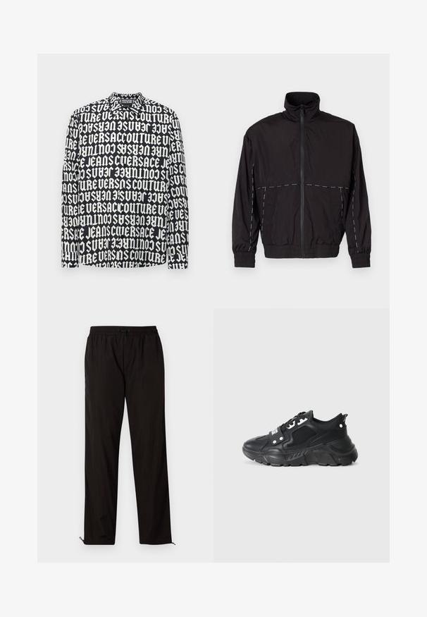 Melna viegla jaka ar augstu apkakli un rāvējslēdzēju. Iezīmējas ar baltām šuvēm uz pleciem un piedurknēm. Elastīgas piedurknes.; Garais piedurknēm melns krekls ar kontrastējošu balto tekstu. Iezīmes klasiskā apkakle un pogu sloksne; audums izskatās gluds un viegls.; Melni viegli bikses ar elastīgu jostu, aukliņu aizdari un rāvējslēdzēju apakšmalā regulējamai fitē. Gluda, eleganta tekstūra.; Melna sporta kedu ar teksturētu sietu, biezu gumijas zoli, kontrastējošiem akcentiem un auklu aizdari. Iekļauts aizmugurējais cilpiņas tausts.