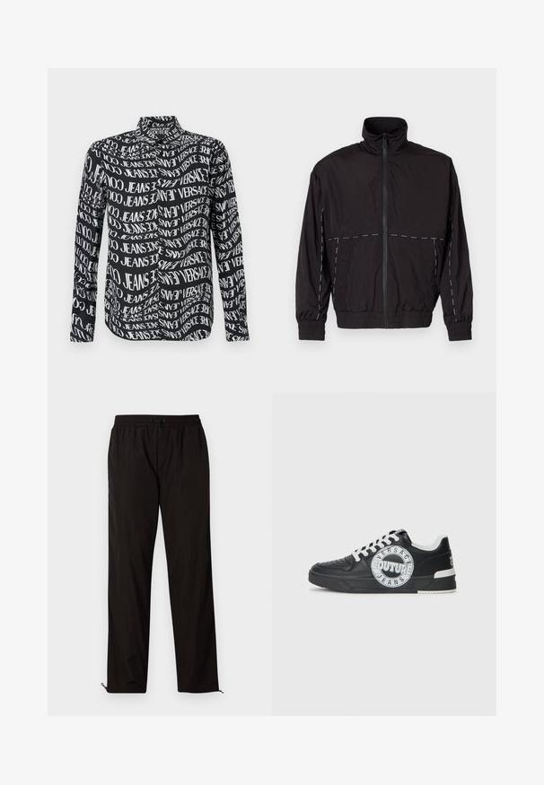 Fekete, könnyű dzseki magas gallérral és cipzáras záróval. Fehér varrási díszítésekkel a vállakon és az ujjakon. Rugalmas mandzsetták.; Fekete ing, amelyen ismétlődő fehér szövegminta található a "VERSACE" és "JEANS" felirattal, hosszú ujjú, és normál gallérral rendelkezik. Sima szövettextúra.; Fekete, könnyű nadrág, elasztikus derékkal, húzózsinórral és cipzáros szegélyekkel, amelyek lehetővé teszik az állítható illeszkedést. Simaság és elegáns textúra.; Fekete bőr edzőcipő fehér kiemelésekkel, kerek logó részletezéssel, perforált orral és kontrasztos talppal. Jellemzője a fehér fűző és a márkajelzés.