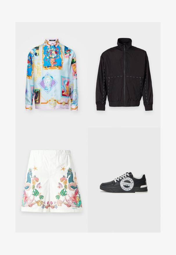 Must musta kerge jakk kõrge kaelusega ja tõmblukuga. Omab valgeid õmblusaktsente õlgadel ja varrukatel. Elastsed mansetid.; Siidi nööpidega särk, millel on värvikas kunstiline print, sisaldades lille- ja klassikalisi motiive, peamiselt sinine, roosa ja kuldse aktsendiga.; Valged lühikesed püksid, mis on valmistatud kangast ja millel on värvilised ookeaniteemalised graafikad, sealhulgas merikurgid, kestad ja tähtjalad, ning paelaga vöökoht.; Mustad nahast spordijalatsid valgete aktsentidega, ümmargune logode Detail, perforatsiooniga varbaosa ja kontrastne tallaosa. Omab valgeid paelu ja brändimist.