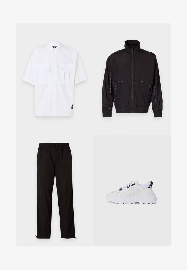 Juodas lengvas švarkas su aukštu apykakle ir užtrauktuku. Savybėje yra balti siuvinėjimo akcentai ant pečių ir rankovių. Elastingi rankogaliai.; Balta trumpa rankovėmis marškiniai su sagų uždarymu, dviem priekiniais kišenėmis su užklotais ir prekės ženklu šone. Glotni tekstūra ir laisvas siluetas.; Juodos lengvos kelnės su elastingu juosmeniu, raišteliu ir užtrauktukais apačioje, kad būtų galima pritaikyti dydį. Lygus, glotnus paviršius.; Baltos sportinės kedai su tinkleliu viršuje, storu padu ir juodomis detalėmis bei atspaustu prekės ženklu. Tekstūruotas ir struktūruotas dizainas.