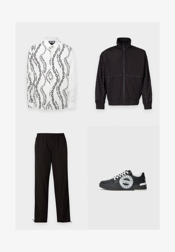 Giacca nera leggera con colletto alto e chiusura a zip. Presenta dettagli in cucitura bianca sulle spalle e sulle maniche. Polsi elasticizzati.; Camicia a maniche lunghe in cotone bianco con un motivo a catena nera e testo. Caratterizzata da un colletto classico e chiusura con bottoni.; Pantaloni leggeri neri con vita elastica, chiusura con cordino e orli con zip per una vestibilità regolabile. Texture liscia e elegante.; Sneaker nere in pelle con accenti bianchi, dettagli del logo rotondo, punta perforata e suola a contrasto. Presentano lacci bianchi e branding.