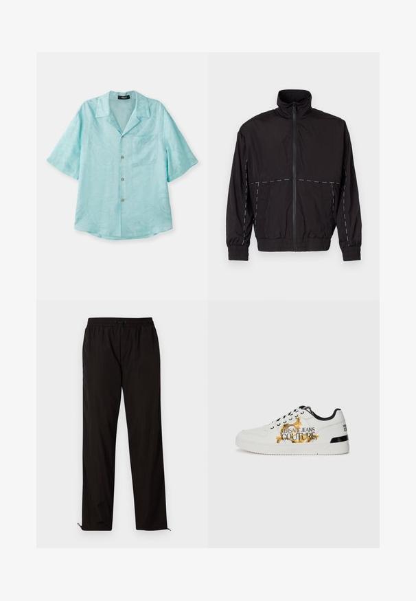 Fekete, könnyű dzseki magas gallérral és cipzáras záróval. Fehér varrási díszítésekkel a vállakon és az ujjakon. Rugalmas mandzsetták.; Egy világoskék, rövid ujjú ing sima anyagból, ami terjesztett gallérral, elülső zsebbel és diszkrét textúrájú mintával rendelkezik, arany gombokkal.; Fekete, könnyű nadrág, elasztikus derékkal, húzózsinórral és cipzáros szegélyekkel, amelyek lehetővé teszik az állítható illeszkedést. Simaság és elegáns textúra.; Fehér bőr sportcipők fekete kiegészítőkkel. Arany virágminták és "VERSACE JEANS COUTURE" felirat található az oldalon és a sarkon.