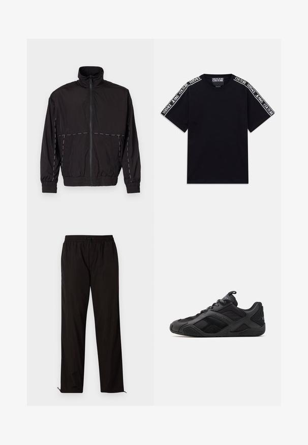 Crna lagana jakna s visokim ovratnikom i zatvaranjem na zip. Ima bijele šavove na ramenima i rukavima. Elastični manžeti.; Crna majica s kratkim rukavima s bijelim tekstom "Versace Jeans Couture" koji se proteže duž ramena i gornjih rukava.; Crne lagane hlače s elastičnim pojasom, zatvaranjem na vezicu i patentnim zatvaračima na rubovima za podesiv fit. Glatka, elegantna tekstura.; Crne atletske tenisice s mješavinom glatkih i teksturiranih materijala, koje imaju poseban dizajn, oblikovanu đon i istaknute detalje brenda.