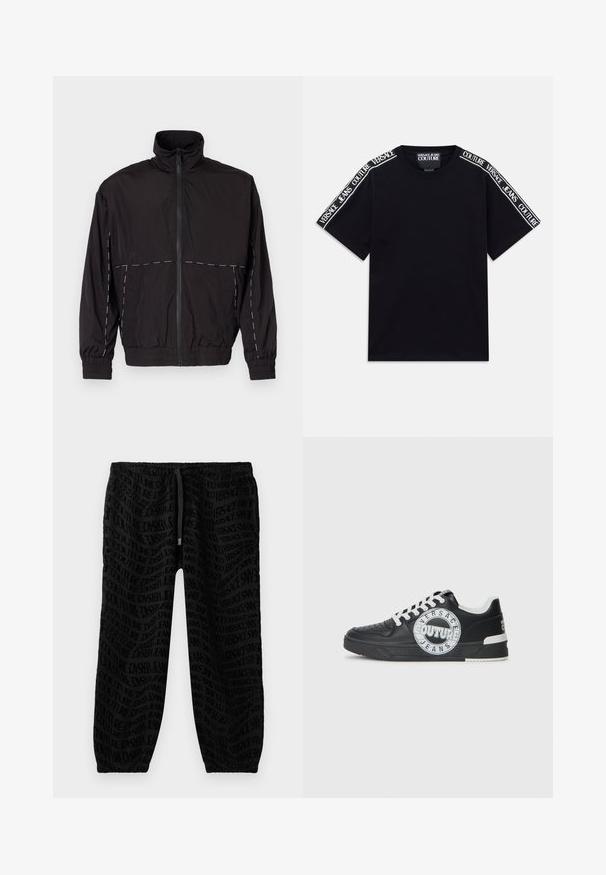 Črna lahka jakna z visokim ovratnikom in zadrgo. Ima bele šive na ramenih in rokavih. Elastični manšeti.; Črna kratka majica s kratkimi rokavi z belimi trakovi z besedilom "Versace Jeans Couture", ki tečejo ob naramnicah in zgornjih rokavih.; Črne jogger hlače z vseobsegajočim toniranim potiskom logotipa. Elastičen pas z nastavljivo vrvico in elastičnimi manšetami na gležnjih.; Črne usnjene superge z belimi detajli, okroglo logotipno okrasitev, perforiran prst in kontrastno podplat. Imajo bele vezalke in blagovno znamko.