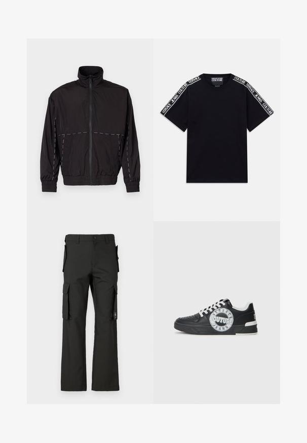 Juodas lengvas švarkas su aukštu apykakle ir užtrauktuku. Savybėje yra balti siuvinėjimo akcentai ant pečių ir rankovių. Elastingi rankogaliai.; Juoda trumpomis rankovėmis marškinėliai su baltais „Versace Jeans Couture“ tekstais, einančiais palei pečius ir viršutines rankoves.; Juodos krovinių kelnės su tiesiomis kojomis, turinčios kelias šonines kišenes ir mygtukų užsegimą. Pagamintos iš tvirto audinio, lygia tekstūra.; Juodo odinio sportinio avalynė su baltais akcentais, apvaliu logotipo detalizavimu, perforuota priekiu ir kontrastingu padu. Savybės: balti raišteliai ir prekės ženklas.