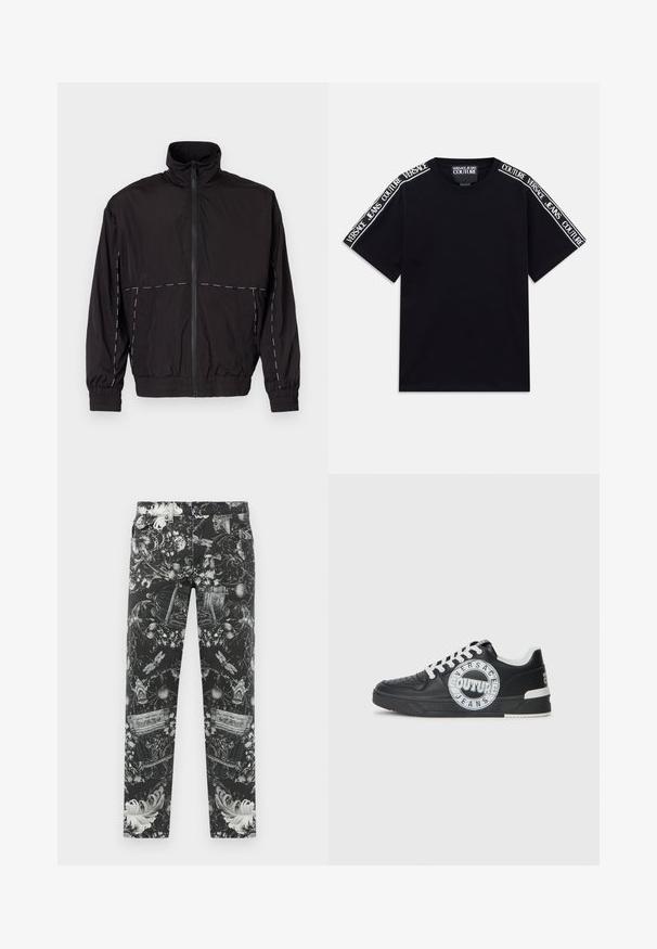 Fekete, könnyű dzseki magas gallérral és cipzáras záróval. Fehér varrási díszítésekkel a vállakon és az ujjakon. Rugalmas mandzsetták.; Fekete rövid ujjú póló, amelyen fehér "Versace Jeans Couture" feliratú szalagok futnak a vállakon és a felső ujjakon.; Fekete farmernadrág, bonyolult virágos és díszítő mintákkal szürkében. Öt zsebes kialakítás cipzárral és gombos záródással.; Fekete bőr edzőcipő fehér kiemelésekkel, kerek logó részletezéssel, perforált orral és kontrasztos talppal. Jellemzője a fehér fűző és a márkajelzés.