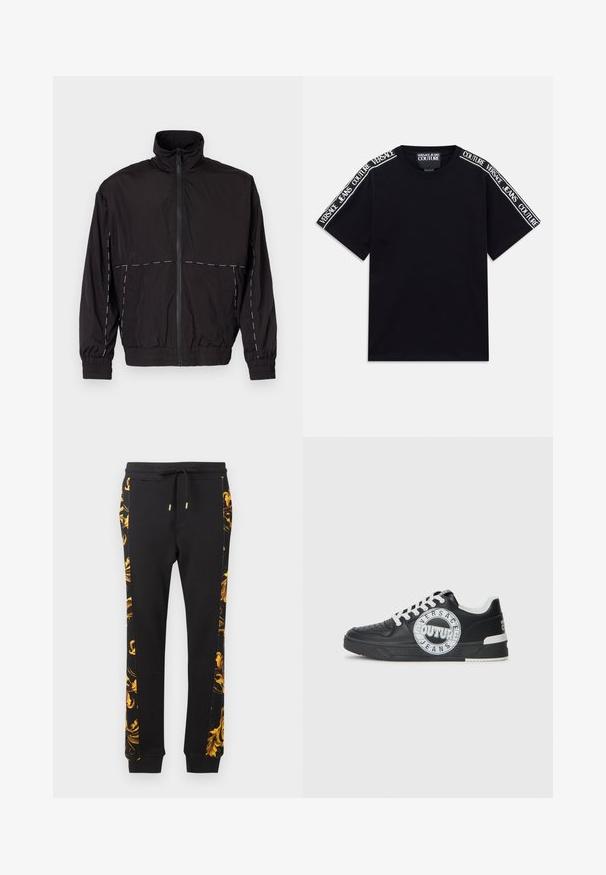Casaco leve preto com gola alta e fecho de correr. Apresenta detalhes em costura branca nos ombros e mangas. Punhos elásticos.; T-shirt preta de manga curta com faixas brancas com o texto "Versace Jeans Couture" correndo ao longo dos ombros e das mangas superiores.; Calças de fato de treino pretas com um padrão floral dourado na lateral, com um formato ajustado e punhos elásticos. Feitas de um material de algodão macio.; Tenis de couro preto com detalhes em branco, logótipo redondo, ponta perfurada e sola de contraste. Apresenta atacadores brancos e marca.