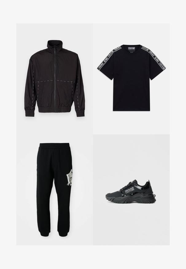 Čierna ľahká bunda s vysokým golierom a zipsom. Má biele švy na pleciach a rukávoch. Elastické manžety.; Čierne tričko s krátkym rukávom so bielymi nápismi "Versace Jeans Couture", ktoré prechádzajú pozdĺž ramien a horných rukávov.; Čierne tepláky vyrobené z jemného materiálu, s rebrovaným pásom a manžetami. Obsahujú grafický potlač v bielej a šedej farbe na ľavej nohe.; Čierne tenisky s robustným dizajnom, so lesklými akcentmi, textúrovanou podrážkou a značkovým označením "Versace Jeans Couture" na boku.