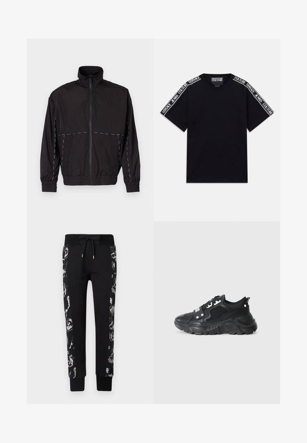 Svart lättviktsjacka med hög krage och dragkedjestängning. Har vita sömnadsdetaljer på axlarna och ärmarna. Elastiska muddar.; Svart kortärmad T-shirt med vita textband "Versace Jeans Couture" som löper längs axlarna och övre ärmarna.; Svarta sweatpants med en strukturerad, mönstrad sidopanel som har scroll-mönster i kräm och grått. Elastisk midja med justerbar dragsko.; Svart atletisk sneaker med en strukturerad meshpanel, tjock gummisula, kontrasterande detaljer och snörning. Har en dragflik bak.