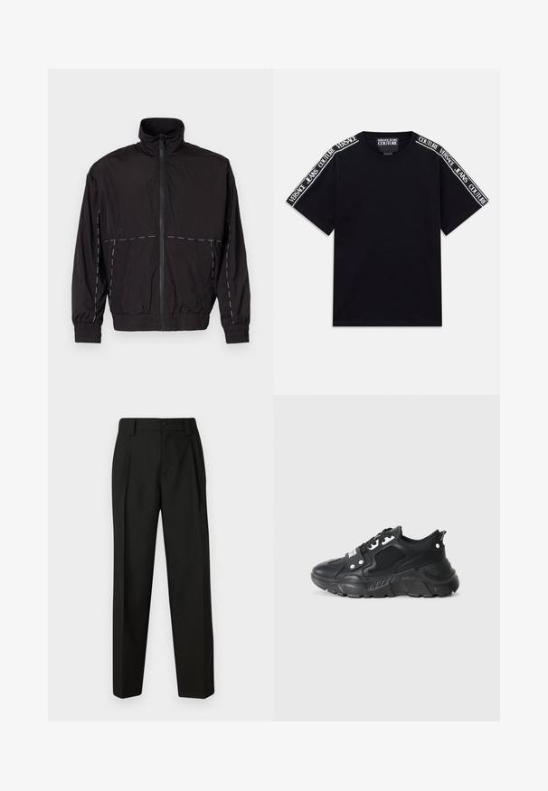 Melna viegla jaka ar augstu apkakli un rāvējslēdzēju. Iezīmējas ar baltām šuvēm uz pleciem un piedurknēm. Elastīgas piedurknes.; Melnas īsām piedurknēm T-krekls ar baltām "Versace Jeans Couture" teksta joslām, kas iet gar pleciem un augšējām piedurknēm.; Melnas pielāgotas bikses, kas izgatavotas no gludas auduma. Ar taisnu kāju, vienu pogu aizdari un jostu cilpām. Nav redzamu rakstu vai akcentu.; Melna sporta kedu ar teksturētu sietu, biezu gumijas zoli, kontrastējošiem akcentiem un auklu aizdari. Iekļauts aizmugurējais cilpiņas tausts.