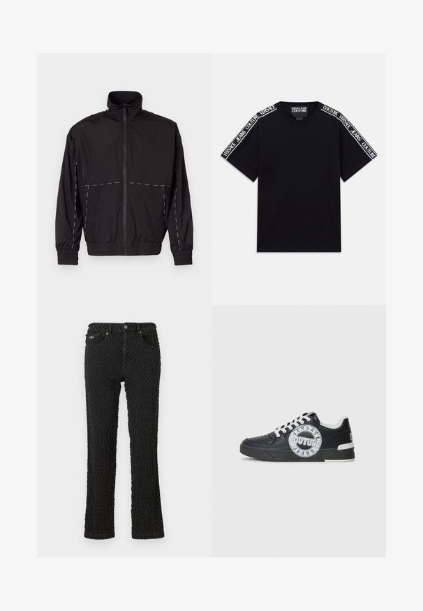 Juodas lengvas švarkas su aukštu apykakle ir užtrauktuku. Savybėje yra balti siuvinėjimo akcentai ant pečių ir rankovių. Elastingi rankogaliai.; Juoda trumpomis rankovėmis marškinėliai su baltais „Versace Jeans Couture“ tekstais, einančiais palei pečius ir viršutines rankoves.; Juodų džinsų kelnės su tekstūruotu raštu, penkiais kišenėmis, priekyje užsegamos mygtuku ir šiek tiek platinančiu kojų dizainu.; Juodo odinio sportinio avalynė su baltais akcentais, apvaliu logotipo detalizavimu, perforuota priekiu ir kontrastingu padu. Savybės: balti raišteliai ir prekės ženklas.