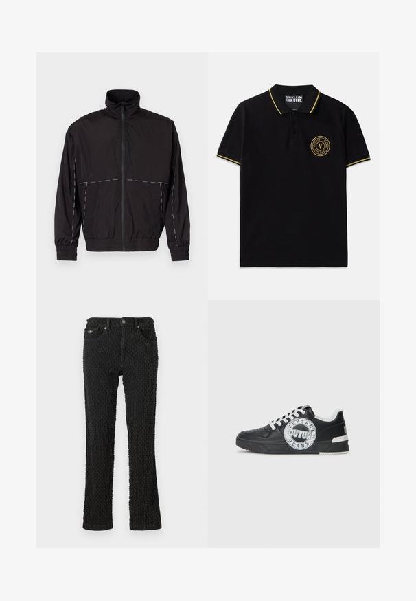 Casaco leve preto com gola alta e fecho de correr. Apresenta detalhes em costura branca nos ombros e mangas. Punhos elásticos.; Polo preto feito em algodão apresenta um colarinho riscado a amarelo, uma pala com dois botões e um logótipo circular bordado no lado esquerdo do peito.; Jeans de ganga preto com um padrão texturizado, cinco bolsos, fecho frontal por botão e um design ligeiramente evasé.; Tenis de couro preto com detalhes em branco, logótipo redondo, ponta perfurada e sola de contraste. Apresenta atacadores brancos e marca.
