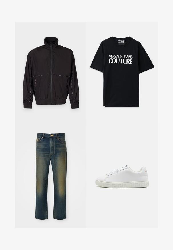 Černá lehká bunda s vysokým límcem a zipovým zapínáním. Má bílé prošívání na ramenou a rukávech. Elastické manžety.; Černé bavlněné tričko s krátkými rukávy s velkým bílým textem "VERSACE JEANS COUTURE" na přední straně. Klasický design s kulatým výstřihem.; Modré džínové kalhoty s rovnýms širším střihem. Mají světlé oblasti a zapínání na knoflík. Obsahují přední kapsy a detail loga.; Bílé tenisky s hladkým koženým svrškem, plochými tkaničkami a vzorovanou gumovou podrážkou s geometrickým designem. Diskrétní akcent loga na boku.