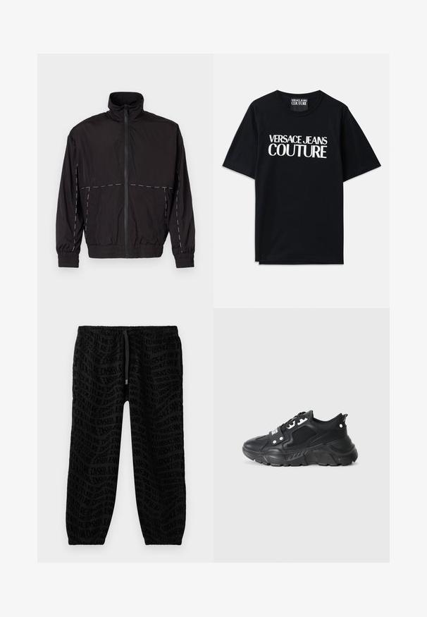 Čierna ľahká bunda s vysokým golierom a zipsom. Má biele švy na pleciach a rukávoch. Elastické manžety.; Čierne bavlnené tričko s krátkymi rukávmi s veľkým bielym nápisom "VERSACE JEANS COUTURE" na prednej strane. Klasický dizajn s okrúhlym výstrihom.; Čierne jogger nohavice s celoplošným jemným logom. Elastický pás s nastaviteľnou šnúrkou a elastické manžety na členkoch.; Čierna športová teniska s textúrovaným sieťovaným panelom, hrubou gumovou podrážkou, kontrastnými akcentmi a viazaním. Obsahuje zadný úchyt.