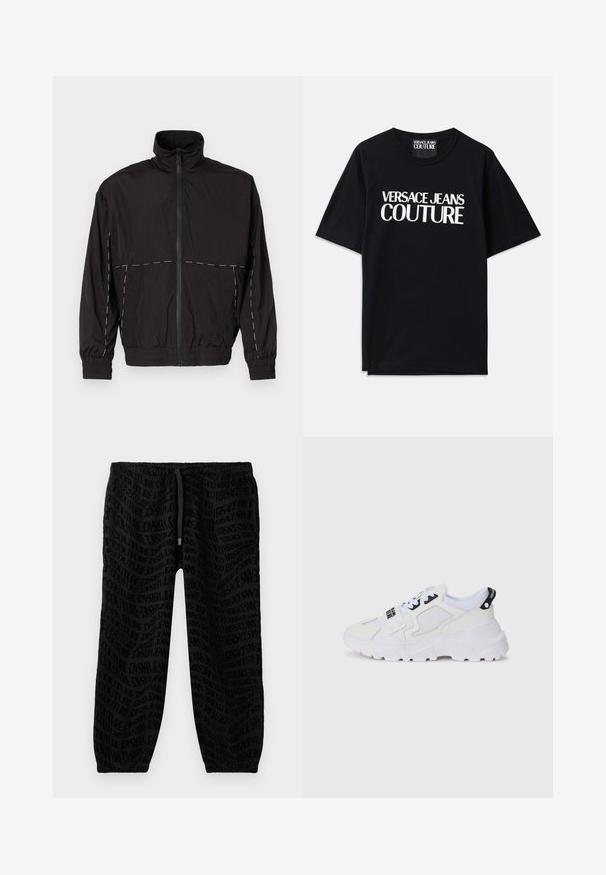 Juodas lengvas švarkas su aukštu apykakle ir užtrauktuku. Savybėje yra balti siuvinėjimo akcentai ant pečių ir rankovių. Elastingi rankogaliai.; Juoda medvilninė marškinėliai su trumpomis rankovėmis, ant priekinės dalies su dideliais baltais užrašais "VERSACE JEANS COUTURE". Klasikinio apvalaus kaklo dizainas.; Juodos sportinės kelnės su viso paviršiaus toniniu logotipo raštu. Elastinga juosmens juosta su reguliuojama virvele ir elastingos siūlės ties kulkšnimis.; Baltos sportinės kedai su tinkleliu viršuje, storu padu ir juodomis detalėmis bei atspaustu prekės ženklu. Tekstūruotas ir struktūruotas dizainas.