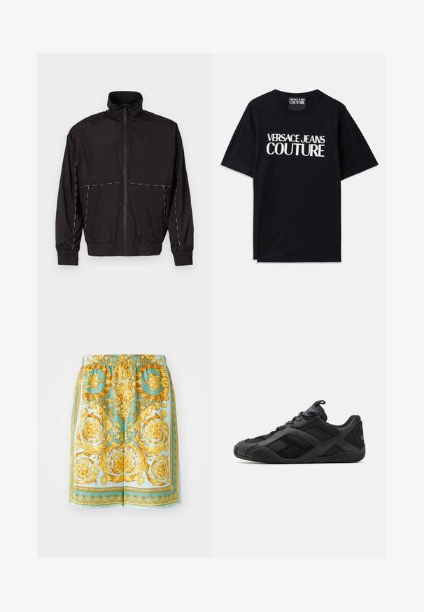 Črna lahka jakna z visokim ovratnikom in zadrgo. Ima bele šive na ramenih in rokavih. Elastični manšeti.; Črna bombažna majica s kratkimi rokavi, ki na sprednji strani prikazuje veliko belo besedilo "VERSACE JEANS COUTURE". Klasična zasnova s krožnim ovratnikom.; Hlače v živahni turkizni barvi z zapletenimi zlatimi cvetličnimi in baročnimi vzorci, z elastičnim pasom in sproščenim krojem.; Črne športne čevlje z mešanico gladkih in teksturiranih materialov, ki imajo edinstveno zasnovo, oblikovano podplat in izrazite blagovne znamke.
