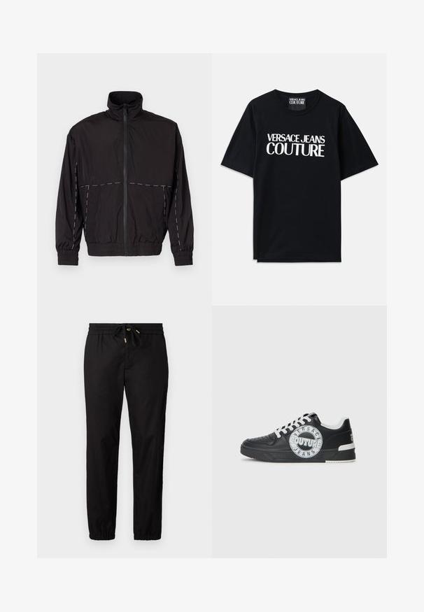 Black lightweight jacket with a high collar and zip closure. Features white stitching accents on the shoulders and sleeves. Elastic cuffs.; Black cotton t-shirt with short sleeves featuring large white text "VERSACE JEANS COUTURE" on the front. Classic crew neck design.; Black trousers with an elastic waistband and drawstring. Features tapered legs with elastic cuffs. Smooth, lightweight fabric.; Black leather sneakers with white accents, round logo detailing, perforated toe, and contrasting sole. Features white laces and branding.