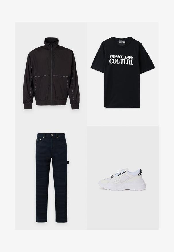 Must musta kerge jakk kõrge kaelusega ja tõmblukuga. Omab valgeid õmblusaktsente õlgadel ja varrukatel. Elastsed mansetid.; Mustmust värvi puuvillane T-särk lühikeste varrukatega, mille esiküljel on suur valge kiri "VERSACE JEANS COUTURE". Klassikaline ümarkaelus.; Tumedatest sinised sirged teksad, millel on ees taskud, vööloopsud ja paremal jalal külgloop.; Valged jooksujalatsid, millel on võrkmaterjalist pealiskate, paks tall ja mustad aktsendid trükitud brändinguga. Tekstuuriga ja struktureeritud disain.