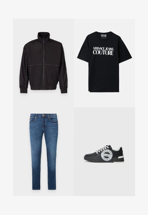 Melna viegla jaka ar augstu apkakli un rāvējslēdzēju. Iezīmējas ar baltām šuvēm uz pleciem un piedurknēm. Elastīgas piedurknes.; Melnas kokvilnas T-krekls ar īsām piedurknēm, uz kura priekšpuses ir lieli balti burti "VERSACE JEANS COUTURE". Klasiska apaļa kakla dizaina.; Zilas šaurās džinsas ar zeltītām pogām un klinkiem, piecu kabatu stils, un izbalētās whiskering detaļas uz augšstilbiem.; Melnas ādas sporta kurpes ar baltām akcentiem, apaļu logo detaļu, perforētu purngali un kontrastējošu zoli. Iekļautas baltas šņorītes un zīmols.