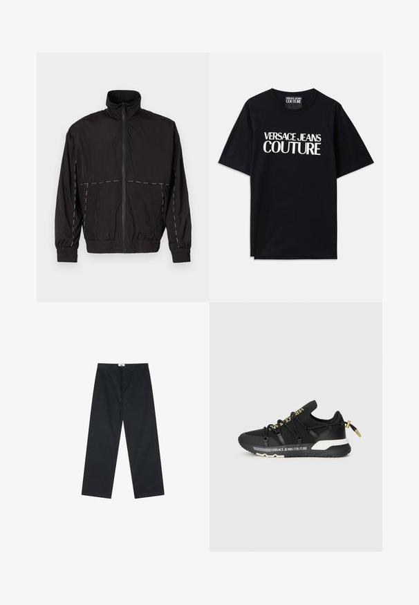 Crna lagana jakna s visokim ovratnikom i zatvaranjem na zip. Ima bijele šavove na ramenima i rukavima. Elastični manžeti.; Crna pamučna majica s kratkim rukavima s velikim bijelim natpisom "VERSACE JEANS COUTURE" sprijeda. Klasični dizajn s okruglim izrezom.; Crna pamučna hlače s ravnim nogavicama, s kopčanjem na dugme i jednostavnom gumicom. Bez uzoraka ili dodatnih akcenata.; Crne atletske tenisice s elegantnim dizajnom, koje sadrže zlatni brend, elastične vezice i teksturiranu potplat s bijelim akcentima.