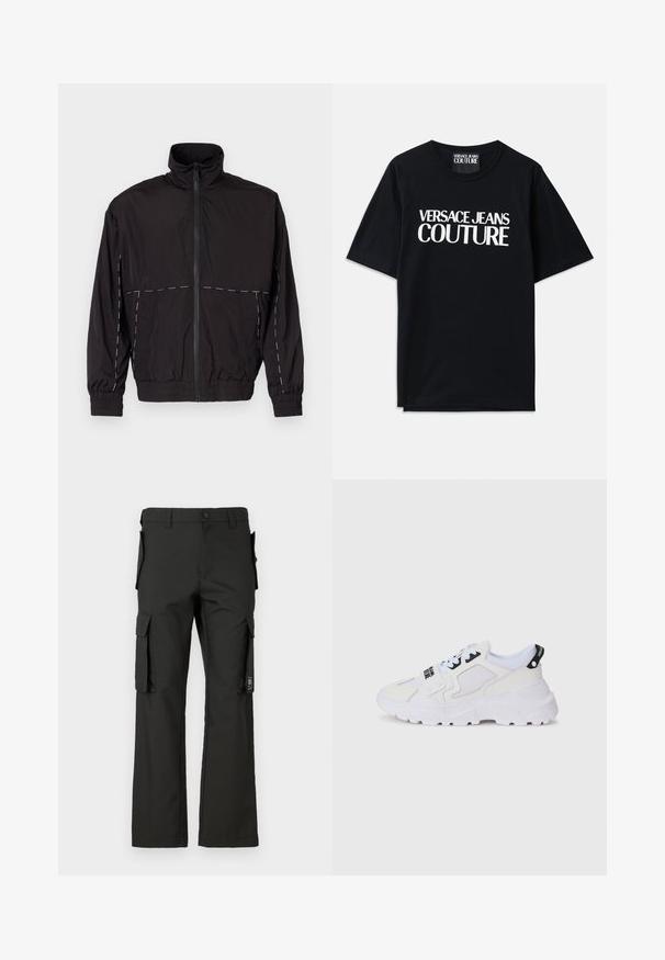 Fekete, könnyű dzseki magas gallérral és cipzáras záróval. Fehér varrási díszítésekkel a vállakon és az ujjakon. Rugalmas mandzsetták.; Fekete pamut póló rövid ujjakkal, amelynek elején nagy fehér felirat olvasható: "VERSACE JEANS COUTURE". Klasszikus kerek nyakú kialakítás.; Fekete cargo nadrág egyenes szárú kialakítással, több oldalsó zsebbel és gombos záródással. Tartós anyagból készült, sima textura.; Fehér atlétikai sportcipő hálós felsőrésszel, vastag talppal és fekete díszítésekkel, nyomtatott márkajelzéssel. Texturált és strukturált kialakítás.