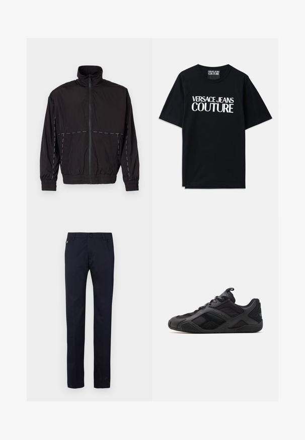 Črna lahka jakna z visokim ovratnikom in zadrgo. Ima bele šive na ramenih in rokavih. Elastični manšeti.; Črna bombažna majica s kratkimi rokavi, ki na sprednji strani prikazuje veliko belo besedilo "VERSACE JEANS COUTURE". Klasična zasnova s krožnim ovratnikom.; Mornarske hlače s regular fit krojem, izdelane iz gladkega tekstila. Imajo sprednje gumbne zapore in stranske žepe, minimalne detajle.; Črne športne čevlje z mešanico gladkih in teksturiranih materialov, ki imajo edinstveno zasnovo, oblikovano podplat in izrazite blagovne znamke.