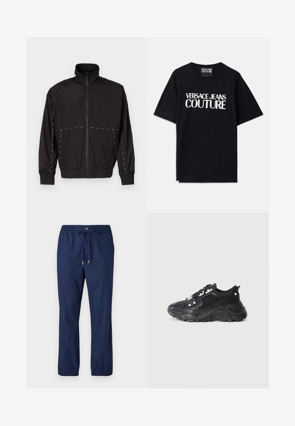 Čierna ľahká bunda s vysokým golierom a zipsom. Má biele švy na pleciach a rukávoch. Elastické manžety.; Čierne bavlnené tričko s krátkymi rukávmi s veľkým bielym nápisom "VERSACE JEANS COUTURE" na prednej strane. Klasický dizajn s okrúhlym výstrihom.; Námornícke modré ľahké nohavice s elastickým pásom, sťahovacou šnúrou a manžetami. Vyrobené z hladkého materiálu, s jednoduchým dizajnom.; Čierna športová teniska s textúrovaným sieťovaným panelom, hrubou gumovou podrážkou, kontrastnými akcentmi a viazaním. Obsahuje zadný úchyt.