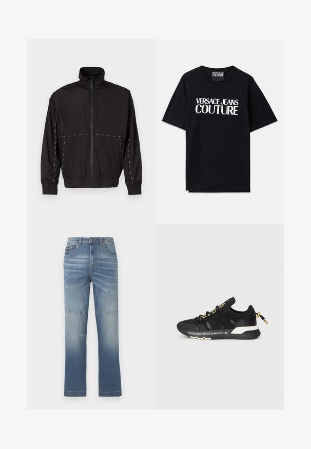 Casaco leve preto com gola alta e fecho de correr. Apresenta detalhes em costura branca nos ombros e mangas. Punhos elásticos.; T-shirt de algodão preta com mangas curtas, apresentando um grande texto branco "VERSACE JEANS COUTURE" na frente. Design clássico de gola redonda.; Jeans de denim azul claro com um design de perna reta, apresentando desbotamento, detalhes de costura e uma cintura média. Inclui bolsos frontais.; Ténis de desporto pretos com um design elegante, apresentando uma marcação dourada, atacadores elásticos e uma sola texturizada com detalhes em branco.