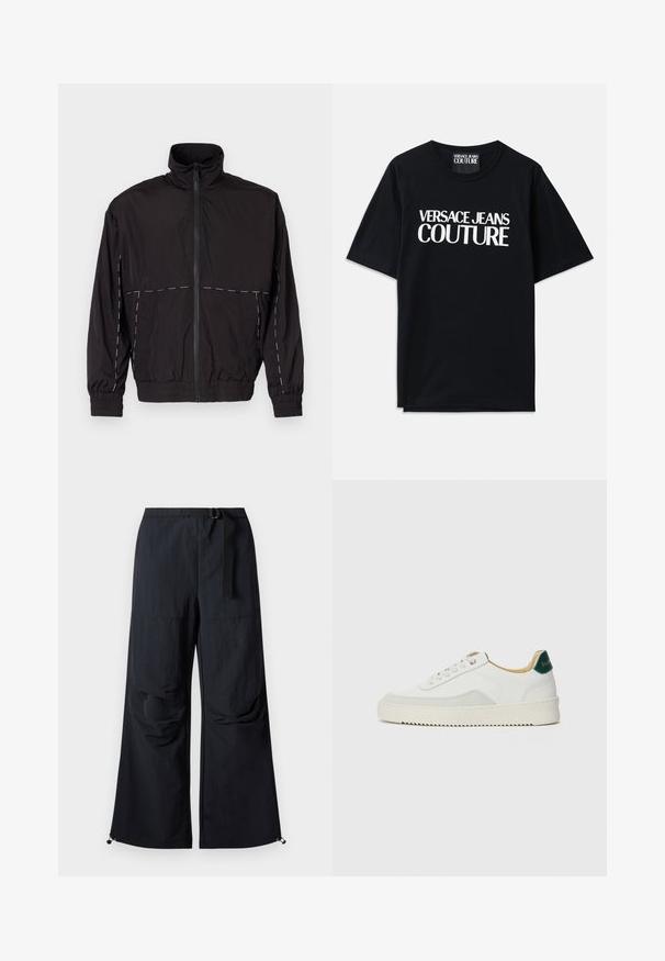 Juodas lengvas švarkas su aukštu apykakle ir užtrauktuku. Savybėje yra balti siuvinėjimo akcentai ant pečių ir rankovių. Elastingi rankogaliai.; Juoda medvilninė marškinėliai su trumpomis rankovėmis, ant priekinės dalies su dideliais baltais užrašais "VERSACE JEANS COUTURE". Klasikinio apvalaus kaklo dizainas.; Juodi plačios kojos kelnių, pagaminti iš lengvos medžiagos, su diržu ties liemeniu, priekinių kišenių ir reguliuojamais apatiniais kraštais su užtrauktukais.; Baltos sportbačiai su zomšos akcentais, apvaliu nosiu, plokščiais raišteliais ir kreminės spalvos guminiu padu. Ant kulno yra žalia ženklinimo detalė.