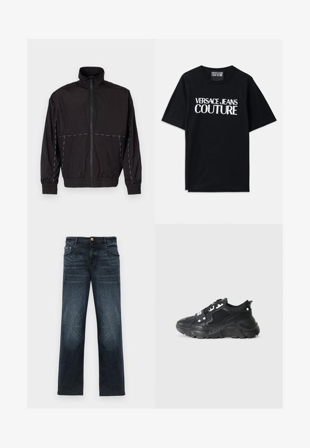 Juodas lengvas švarkas su aukštu apykakle ir užtrauktuku. Savybėje yra balti siuvinėjimo akcentai ant pečių ir rankovių. Elastingi rankogaliai.; Juoda medvilninė marškinėliai su trumpomis rankovėmis, ant priekinės dalies su dideliais baltais užrašais "VERSACE JEANS COUTURE". Klasikinio apvalaus kaklo dizainas.; Tamsiai mėlynos džinsinės kelnės su tiesiu pjūviu, su sagų priekyje, penkių kišenių dizainu ir subtiliu išblukimu ant šlaunų.; Juodos sportinės kedai su tekstūruota tinklelio dalimi, storu guminio pado, kontrastingomis detalėmis ir raištelių uždarymu. Yra nugaros kilpa.