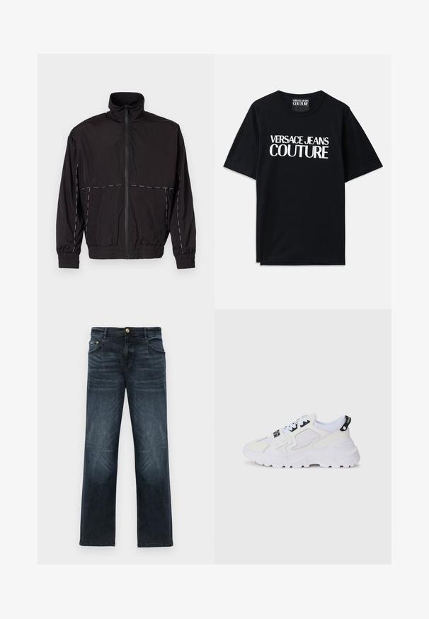 Juodas lengvas švarkas su aukštu apykakle ir užtrauktuku. Savybėje yra balti siuvinėjimo akcentai ant pečių ir rankovių. Elastingi rankogaliai.; Juoda medvilninė marškinėliai su trumpomis rankovėmis, ant priekinės dalies su dideliais baltais užrašais "VERSACE JEANS COUTURE". Klasikinio apvalaus kaklo dizainas.; Tamsiai mėlynos džinsinės kelnės su tiesiu pjūviu, su sagų priekyje, penkių kišenių dizainu ir subtiliu išblukimu ant šlaunų.; Baltos sportinės kedai su tinkleliu viršuje, storu padu ir juodomis detalėmis bei atspaustu prekės ženklu. Tekstūruotas ir struktūruotas dizainas.