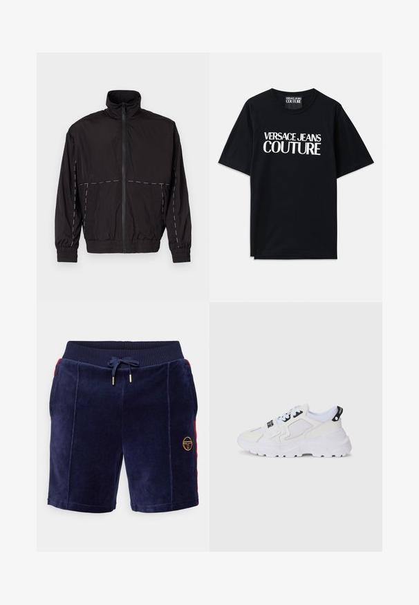 Mustat kevyet takit, joissa on korkea kaulus ja vetoketjusuljin. Rinnassa ja hihoissa valkoiset ompeluviivat. Joustavat hihansuut.; Musta puuvillainen t-paita lyhyillä hihoilla, jossa on suuri valkoinen teksti "VERSACE JEANS COUTURE" edessä. Klassinen pyöreä kaula-aukko.; Tummansiniset veluurishortsit, joissa on kiristysnauha vyötäröllä, punaiset sivusaumat ja kultainen logopatchi vasemmassa jalassa. Sujuva rakenne.; Valkoiset urheilukengät, joissa on verkkokuvioinen päällinen, paksu pohja ja mustia yksityiskohtia, joissa on painettu brändäys. Rakenteellinen ja teksturoitu muotoilu.