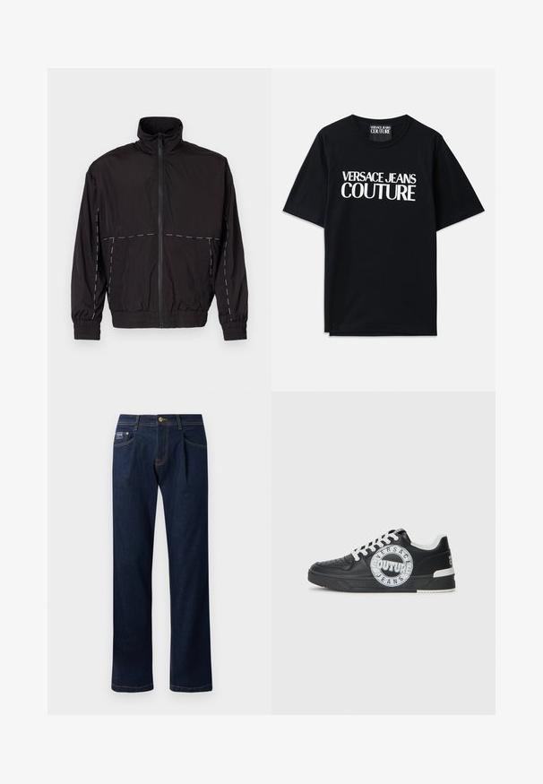 Casaco leve preto com gola alta e fecho de correr. Apresenta detalhes em costura branca nos ombros e mangas. Punhos elásticos.; T-shirt de algodão preta com mangas curtas, apresentando um grande texto branco "VERSACE JEANS COUTURE" na frente. Design clássico de gola redonda.; Jeans de denim azul-escuro com um design de perna reta, apresentando costuras laranja e um fecho frontal com botão. Dois bolsos frontais e uma etiqueta nas costas.; Tenis de couro preto com detalhes em branco, logótipo redondo, ponta perfurada e sola de contraste. Apresenta atacadores brancos e marca.