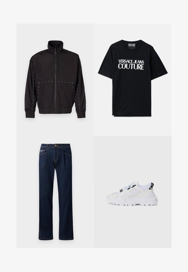 Must musta kerge jakk kõrge kaelusega ja tõmblukuga. Omab valgeid õmblusaktsente õlgadel ja varrukatel. Elastsed mansetid.; Mustmust värvi puuvillane T-särk lühikeste varrukatega, mille esiküljel on suur valge kiri "VERSACE JEANS COUTURE". Klassikaline ümarkaelus.; Tumed sinise kummiga teksapüksid sirge jala disainiga, millel on oranž õmblus ja eesne nupclosing. Kaks esikülje taskut ja tagumine silt.; Valged jooksujalatsid, millel on võrkmaterjalist pealiskate, paks tall ja mustad aktsendid trükitud brändinguga. Tekstuuriga ja struktureeritud disain.