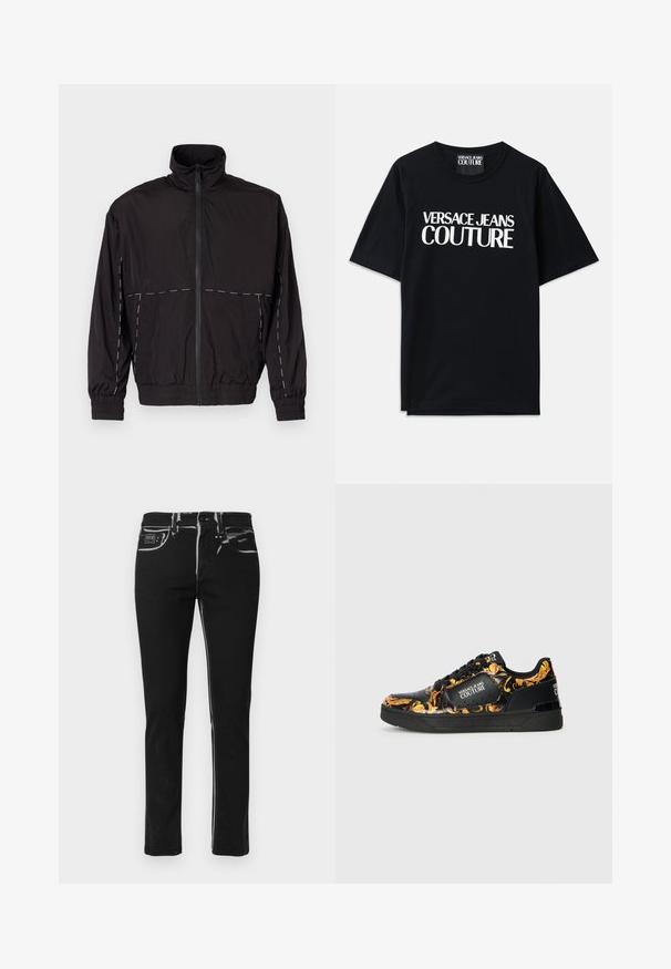 Casaco leve preto com gola alta e fecho de correr. Apresenta detalhes em costura branca nos ombros e mangas. Punhos elásticos.; T-shirt de algodão preta com mangas curtas, apresentando um grande texto branco "VERSACE JEANS COUTURE" na frente. Design clássico de gola redonda.; Jeans de ganga pretos com um corte slim, apresentando costuras brancas, design de cinco bolsos e um rótulo no bolso de trás.; Sapatilha preta com padrão floral dourado, apresentando couro liso, detalhes perfurados e uma sola de borracha preta sólida. Logotipo exibido na lateral.