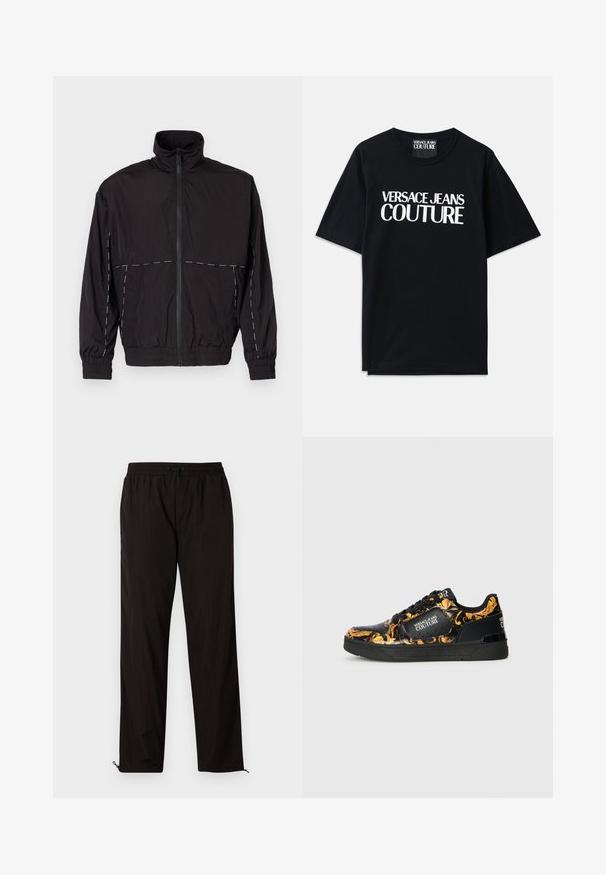 Casaco leve preto com gola alta e fecho de correr. Apresenta detalhes em costura branca nos ombros e mangas. Punhos elásticos.; T-shirt de algodão preta com mangas curtas, apresentando um grande texto branco "VERSACE JEANS COUTURE" na frente. Design clássico de gola redonda.; Calças leves pretas com cintura elástica, fecho por cordão ajustável e bainhas com fecho de correr para ajuste. Textura suave e elegante.; Sapatilha preta com padrão floral dourado, apresentando couro liso, detalhes perfurados e uma sola de borracha preta sólida. Logotipo exibido na lateral.
