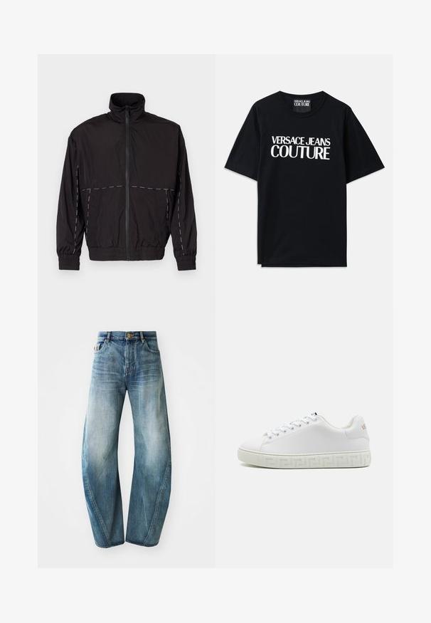 Juodas lengvas švarkas su aukštu apykakle ir užtrauktuku. Savybėje yra balti siuvinėjimo akcentai ant pečių ir rankovių. Elastingi rankogaliai.; Juoda medvilninė marškinėliai su trumpomis rankovėmis, ant priekinės dalies su dideliais baltais užrašais "VERSACE JEANS COUTURE". Klasikinio apvalaus kaklo dizainas.; Šviesiai mėlyni džinsai su tiesiu modeliu, aukštu liemeniu ir išblukimu audinyje. Turintys penkias kišenes ir mygtuko užsegimą.; Balti sportiniai batai su lygiu odiniu paviršiumi, plokščiomis raištelėmis ir raštuotu guminiu padu, turinčiu geometrinį raštą. Subtili logotipo detalė šone.
