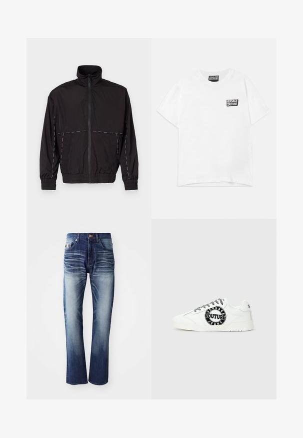 Must musta kerge jakk kõrge kaelusega ja tõmblukuga. Omab valgeid õmblusaktsente õlgadel ja varrukatel. Elastsed mansetid.; Valge lühikeste varrukatega ümmarguse kaelusega T-särk, millel on vasakul rinnal väike must-valge "Versace Jeans Couture" logo ja kaela sildik.; Teksased, millel on tumehallist helesiniseni gradient, viis taskut, nööbiga sulgemine ja õrn fadeefekt reitel.; Valged madala otsaga tennised must-valgete paeltega ja suure musta ringikujulise "Versace Jeans Couture" logoga külgedel.