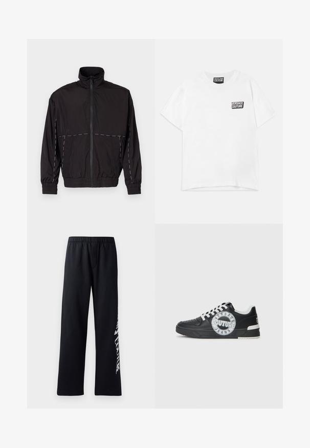 Casaco leve preto com gola alta e fecho de correr. Apresenta detalhes em costura branca nos ombros e mangas. Punhos elásticos.; T-shirt branca de manga curta com gola redonda, apresentando um pequeno logo preto e branco "Versace Jeans Couture" no lado esquerdo do peito e etiqueta no pescoço.; Calças de moletão pretas de algodão com um cós elástico, pernas largas e uma impressão gráfica branca na perna esquerda. Textura suave e design casual.; Tenis de couro preto com detalhes em branco, logótipo redondo, ponta perfurada e sola de contraste. Apresenta atacadores brancos e marca.