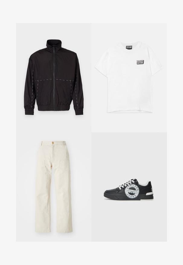 Sort letvægtsjakke med høj krave og lynlåslukning. Har hvide stiklinger på skuldrene og ærmerne. Elastiske manchetter.; Hvid kortærmet T-shirt med rund hals, med lille sort og hvid "Versace Jeans Couture" logo på venstre bryst og nakkeetiket.; Beige brede bukser lavet af bomuld, med knaplukning, to sidelommer og lige snit, med en glat tekstur.; Sorte lædersneakers med hvide accenter, rundt logo detaljer, perforeret tå og kontrasterende sål. Har hvide snørebånd og branding.