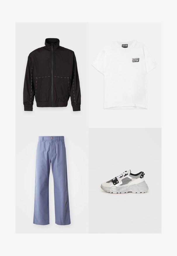 Černá lehká bunda s vysokým límcem a zipovým zapínáním. Má bílé prošívání na ramenou a rukávech. Elastické manžety.; Bílý krátký rukávový tričko s kulatým výstřihem, na levé straně hrudi s malým černobílým logem "Versace Jeans Couture" a štítkem na krku.; Světle modré kalhoty širokého střihu vyrobené z bavlněné směsi, s předním knoflíkovým zapínáním a dvěma bočními kapsami. Hladká textura.; Objemné tenisky s bílým a stříbrným designem. Obsahují síťovinové panely, černé akcenty a bílé tkaničky. Texturovaná podešev s vyvýšeným vzorem.
